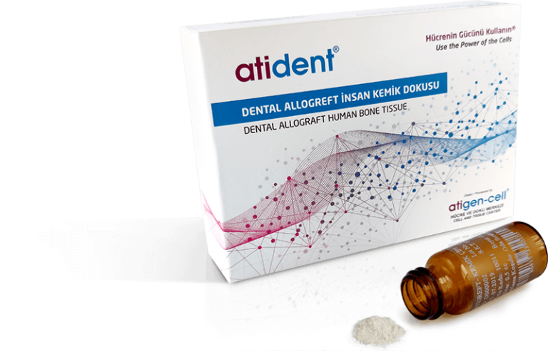 Atident dental allogreft ürün kutusu, şişe ve kemik grefti
